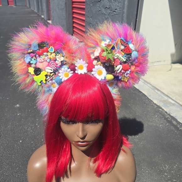 Accessories - Two Sided Kitschy Rainbow Candy Floral Daisy Feather Mouse Ears Over the Top Kaw